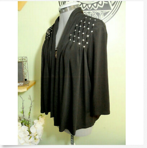 SANGRIA Studded Cardigan Sweater M Little Black Pintucked Draped 3/4 sleeve - Picture 4 of 6